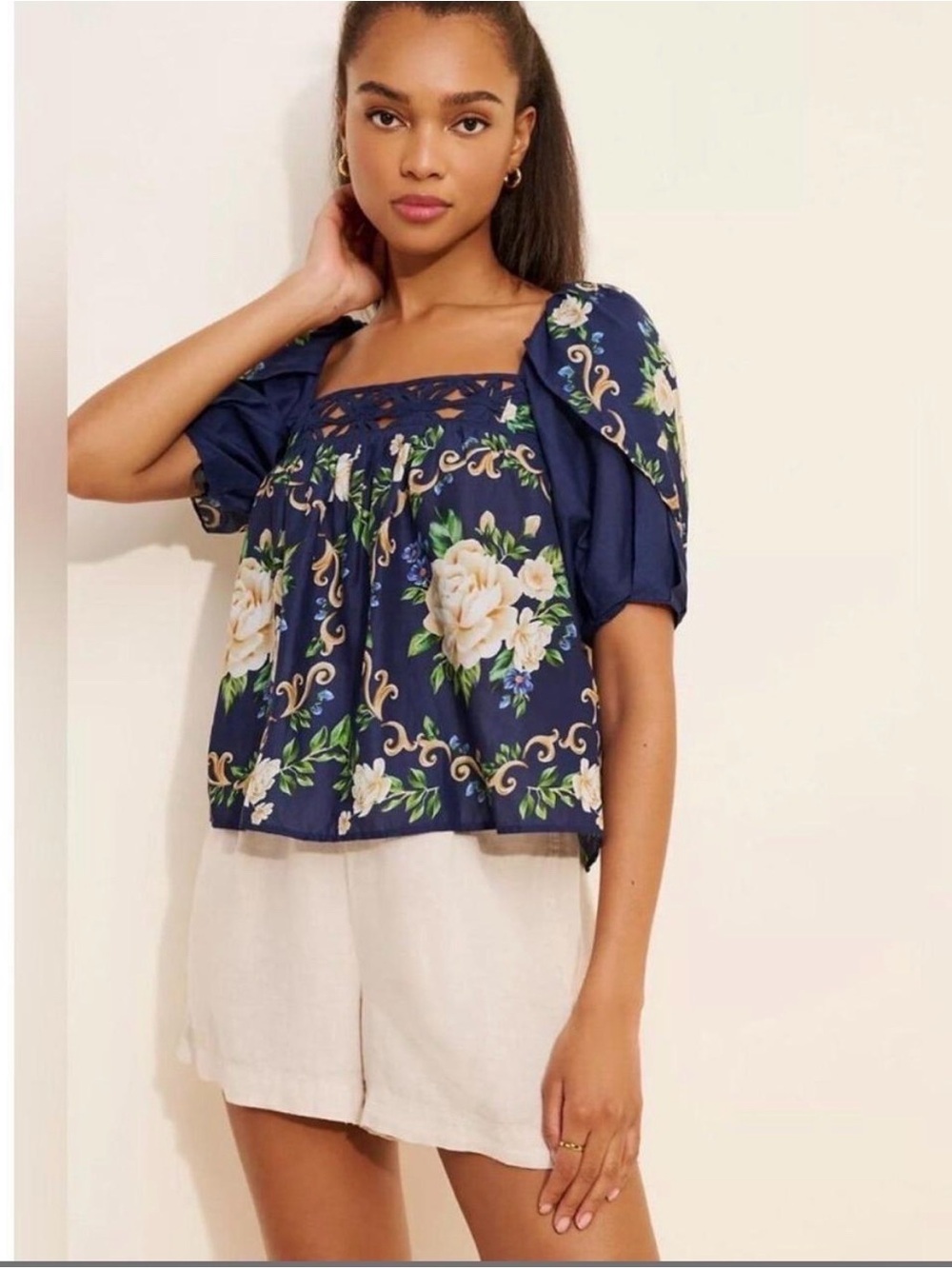 FARM Rio Navy Floral Square-Neck Puff Sleeve Blouse